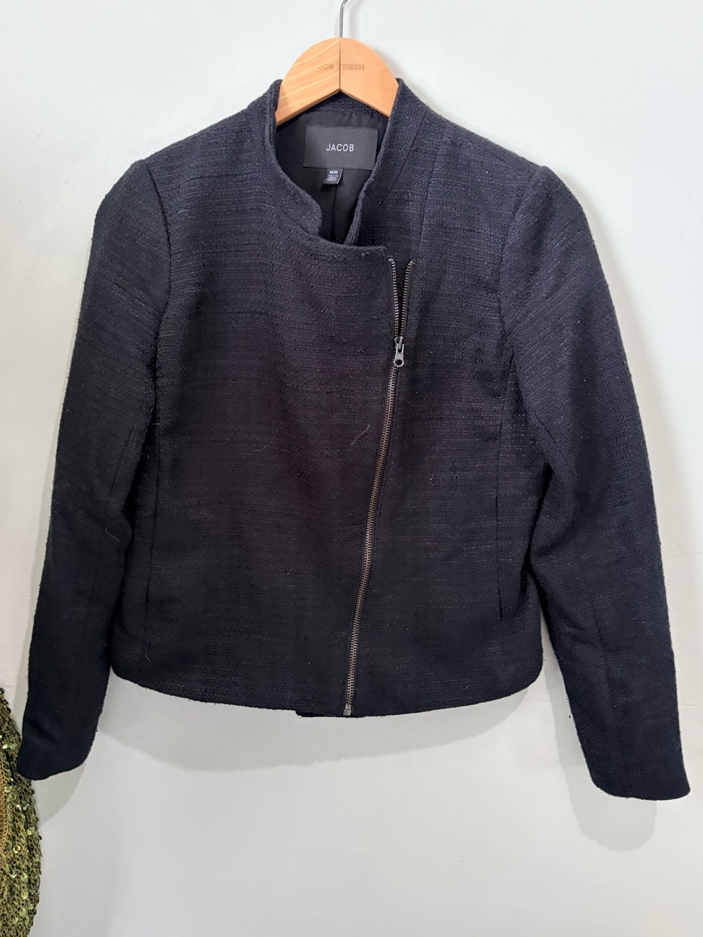 Jacob Black Textured Tweed Asymmetric Moto Jacket Blazer Size Medium